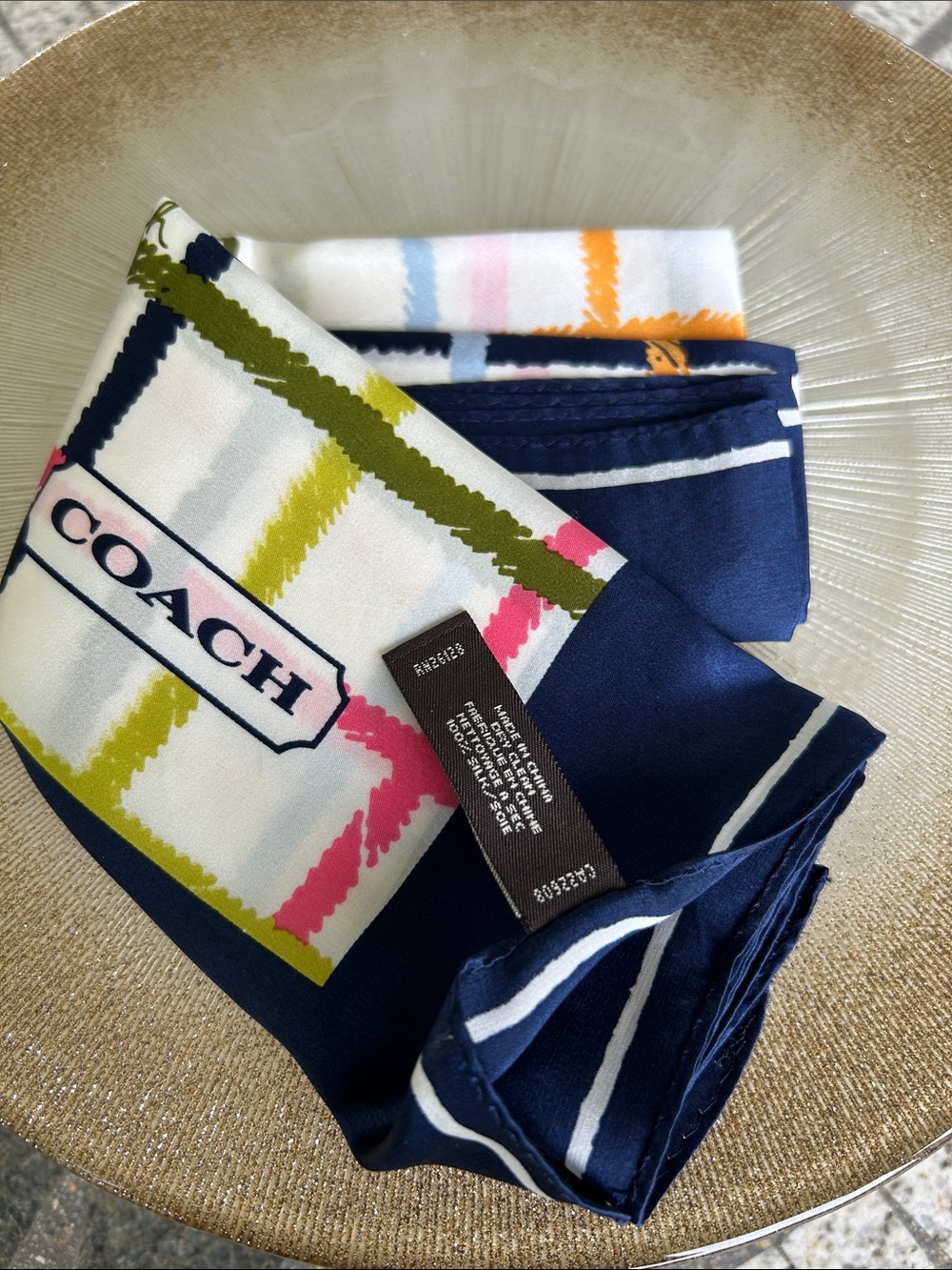Coach Navy Tattersall Silk Scarf with Pink, Olive & White Plaid Accents - Picture 2 of 6